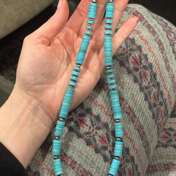 Native American Sterling Silver Navajo Pearl 8mm Turquoise HEISHI Necklace 19” - Picture 8 of 9